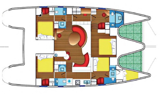 Image of layout of Privilege 615 charter catamaran in Ibiza