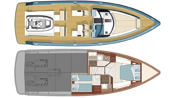 Image of layout of Fjord 48 charter motorboat in Ibiza
