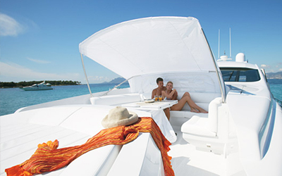 Chilling under the canopy of on the foredeck of an Ibiza super yacht whilst on charter in Formentera