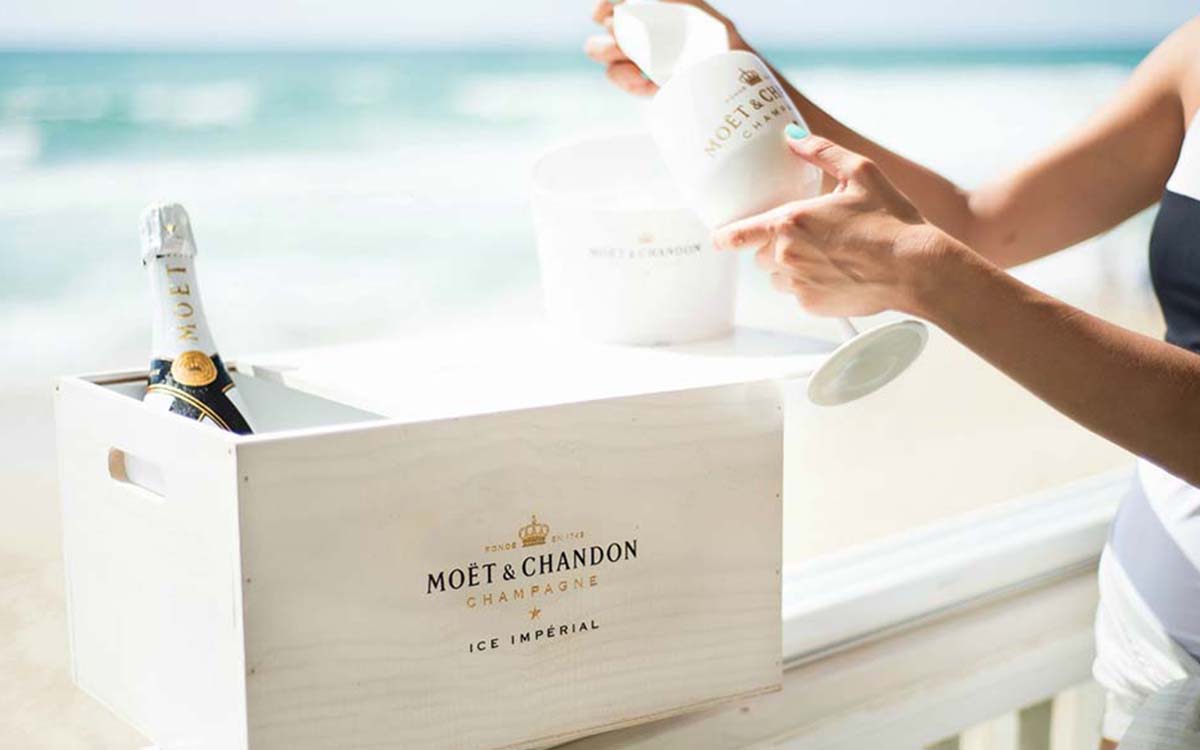 Moet Ice Champagne and boat safe flutes at the beach in Formentera
