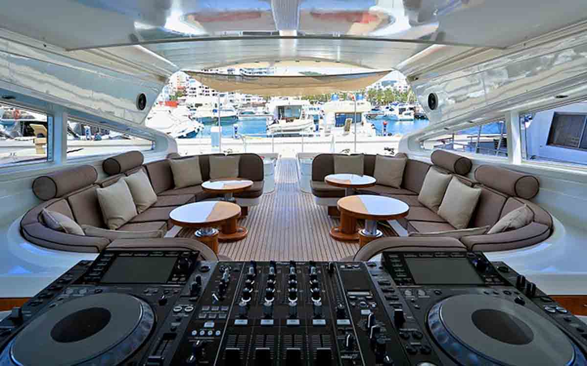Decks in the salon on board the Leopard super yacht in Ibiza