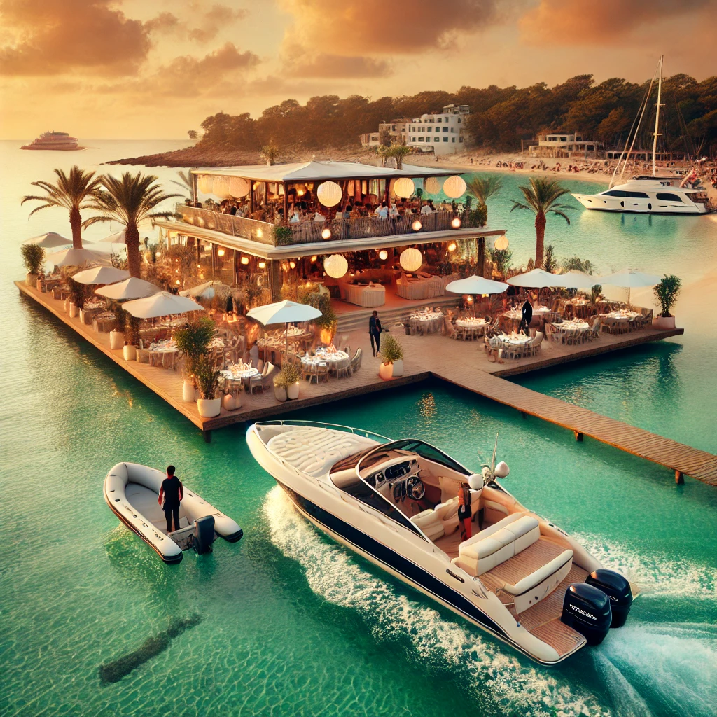 A luxurious motorboat approaching a stylish beachfront restaurant in Ibiza in the future. The scene features crystal-clear turquoise waters, a golden sunset in Ibiza.